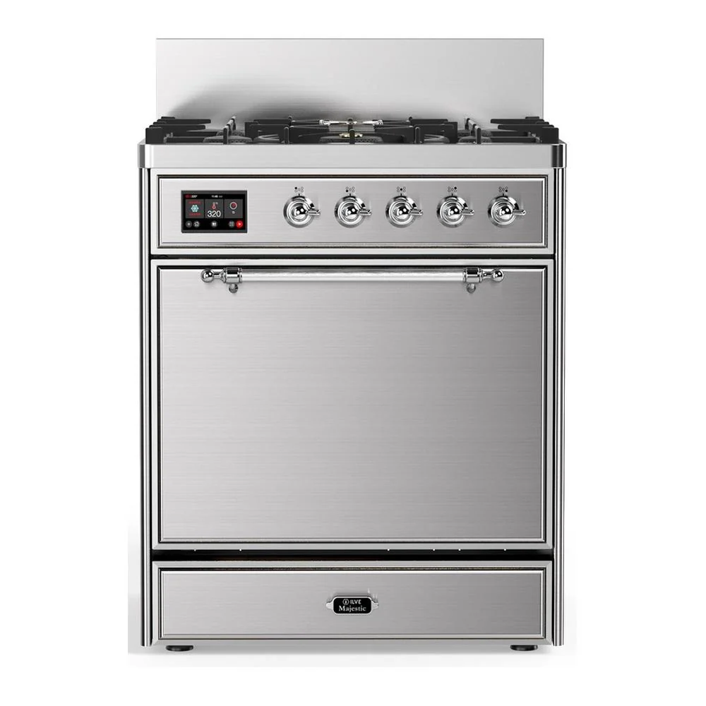 Ilve UM30QNR3SSC Ilve Um30Qnr3Ssc Majestic Iii 30 Inch Dual Fuel Range With 5 Black Brass Burners, Dual Function Burner Up To 25,000 Btu (Natural Gas, Solid Door, Stainless Steel, Chrome)