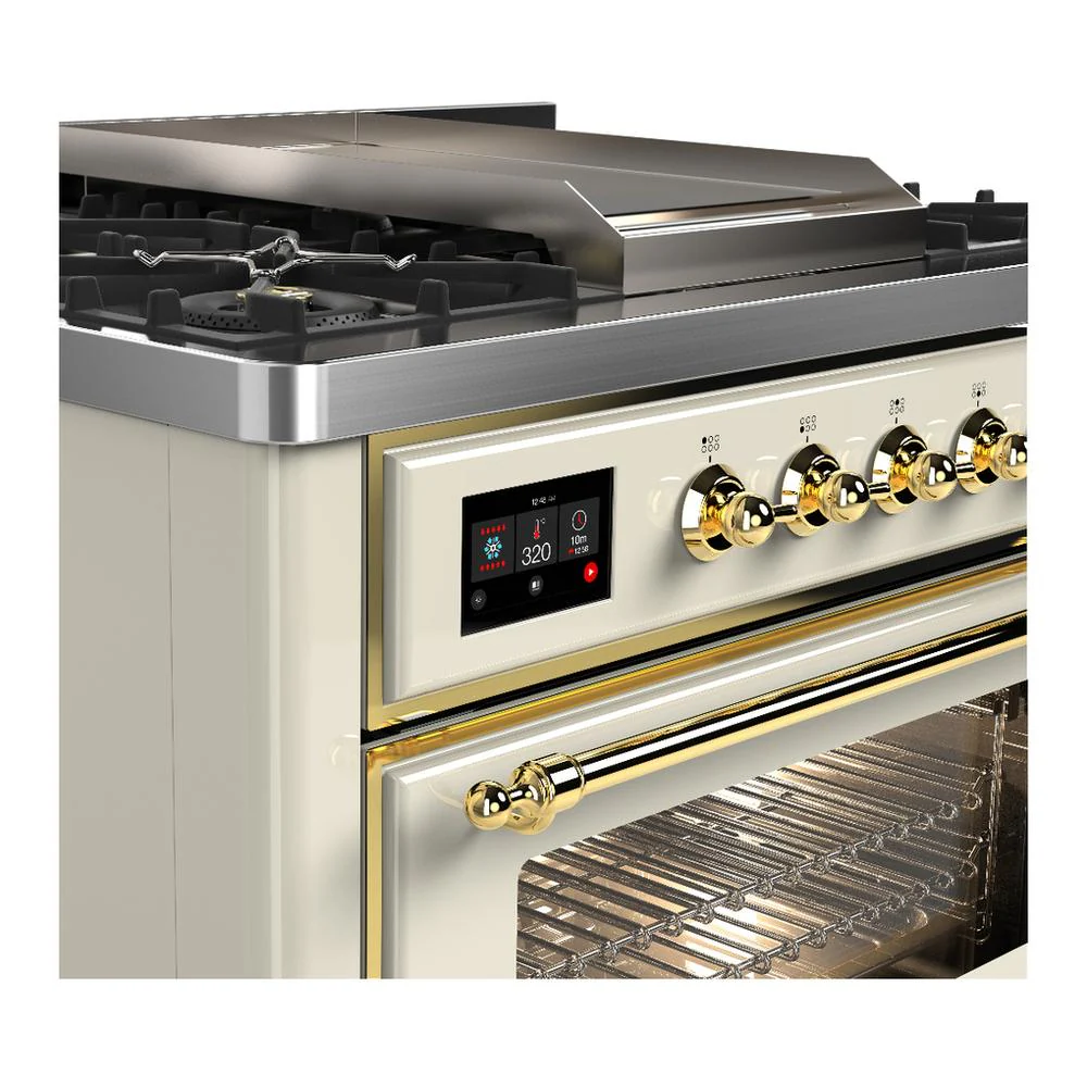 Ilve UM36FNR3AWG Ilve Um36Fnr3Awg Majestic Iii 36 Inch Dual Fuel Range With 6 Black Brass Burners And Griddle, Dual Function Burner Up To 25,000 Btu (Triple Glass Door, Antique White, Brass, Natural Gas) - Image 5