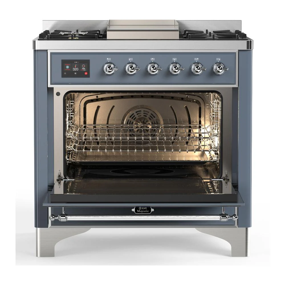 Ilve UM36FNR3BGC Ilve Um36Fnr3Bgc Majestic Iii 36 Inch Dual Fuel Range With 6 Black Brass Burners And Griddle, Dual Function Burner Up To 25,000 Btu (Triple Glass Door, Blue Grey, Chrome, Natural Gas) - Image 2