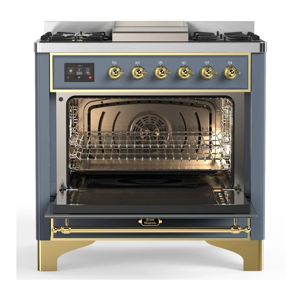 Ilve UM36FNR3BGG Ilve Um36Fnr3Bgg Majestic Iii 36 Inch Dual Fuel Range With 6 Black Brass Burners And Griddle, Dual Function Burner Up To 25,000 Btu (Triple Glass Door, Blue Grey, Brass, Natural Gas) - Image 2