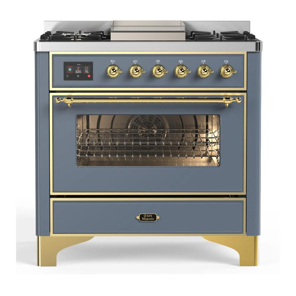 Ilve UM36FNR3BGGLP Ilve Um36Fnr3Bgglp Majestic Iii 36 Inch Dual Fuel Range With 6 Black Brass Burners And Griddle, Dual Function Burner Up To 25,000 Btu (Triple Glass Door, Blue Grey, Brass, Liquid Propane)