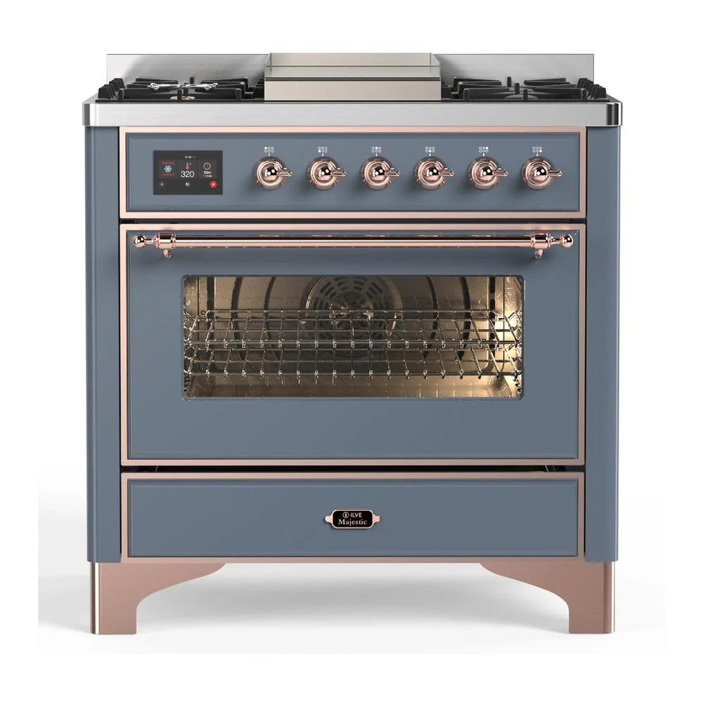 Ilve UM36FNR3BGP Ilve Um36Fnr3Bgp Majestic Iii 36 Inch Dual Fuel Range With 6 Black Brass Burners And Griddle, Dual Function Burner Up To 25,000 Btu (Triple Glass Door, Blue Grey, Copper, Natural Gas)