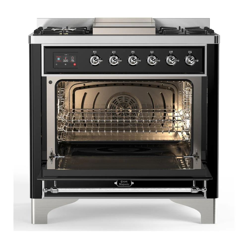 Ilve UM36FNR3BKC Ilve Um36Fnr3Bkc Majestic Iii 36 Inch Dual Fuel Range With 6 Black Brass Burners And Griddle, Dual Function Burner Up To 25,000 Btu (Triple Glass Door, Glossy Black, Chrome, Natural Gas) - Image 2