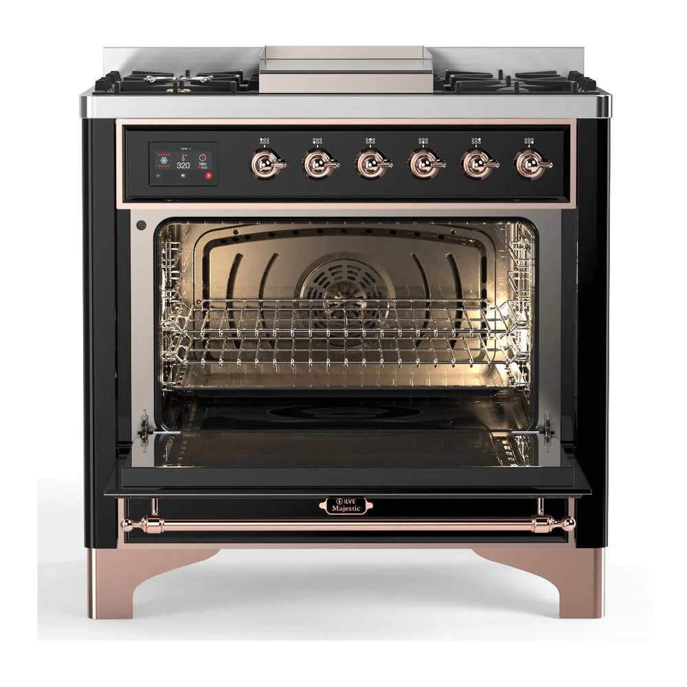 Ilve UM36FNR3BKP Ilve Um36Fnr3Bkp Majestic Iii 36 Inch Dual Fuel Range With 6 Black Brass Burners And Griddle, Dual Function Burner Up To 25,000 Btu (Triple Glass Door, Glossy Black, Copper, Natural Gas) - Image 2