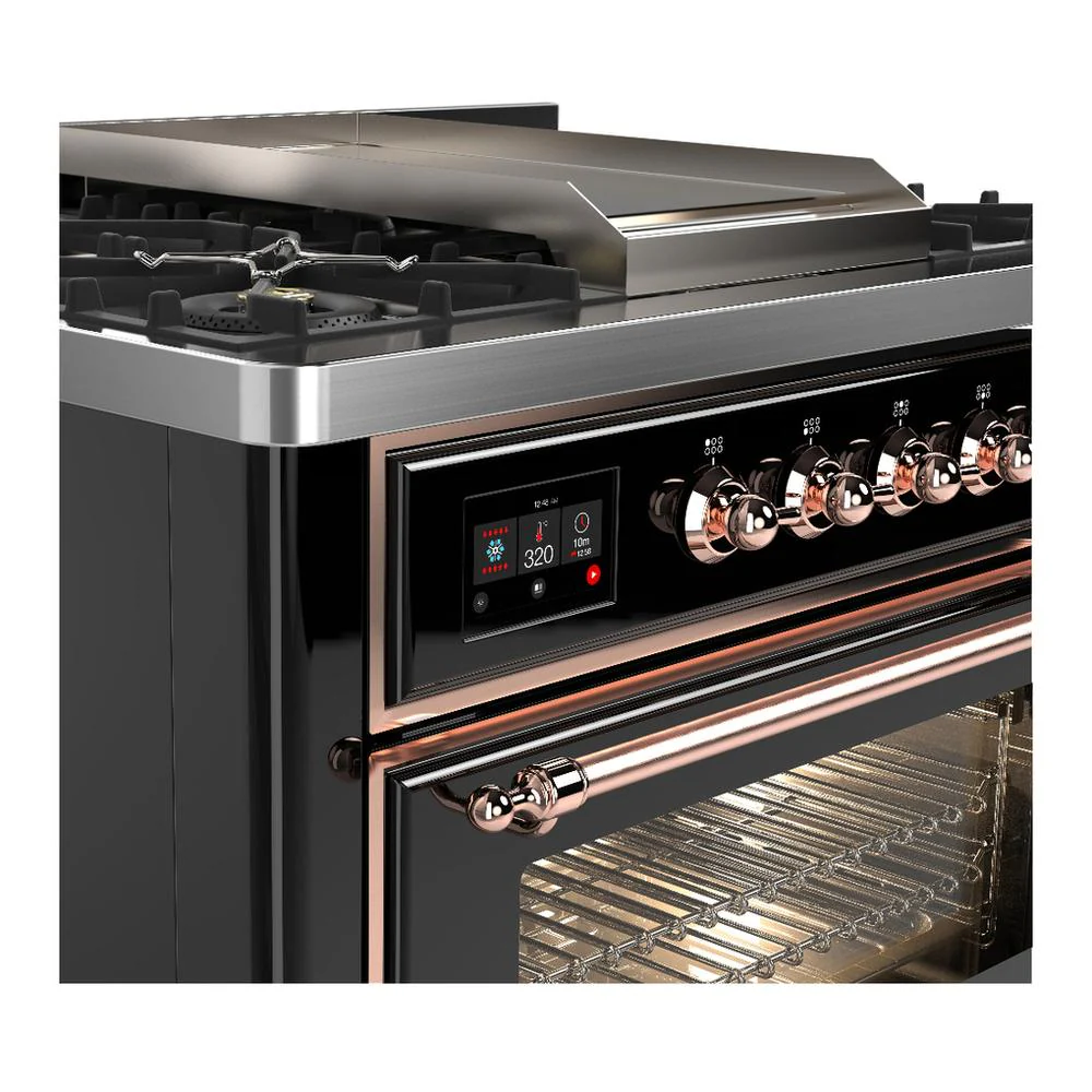 Ilve UM36FNR3BKP Ilve Um36Fnr3Bkp Majestic Iii 36 Inch Dual Fuel Range With 6 Black Brass Burners And Griddle, Dual Function Burner Up To 25,000 Btu (Triple Glass Door, Glossy Black, Copper, Natural Gas) - Image 5