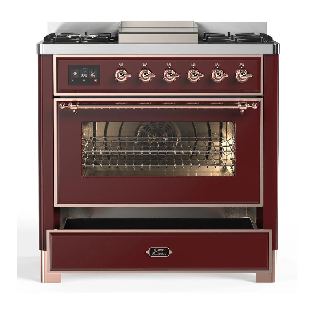 Ilve UM36FNR3BUP Ilve Um36Fnr3Bup Majestic Iii 36 Inch Dual Fuel Range With 6 Black Brass Burners And Griddle, Dual Function Burner Up To 25,000 Btu (Triple Glass Door, Burgundy, Copper, Natural Gas) - Image 3