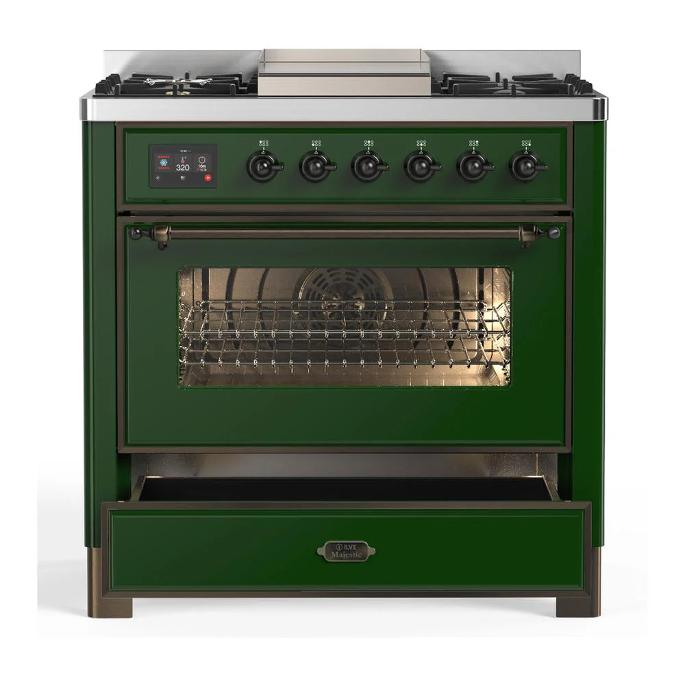 Ilve UM36FNR3EGB Ilve Um36Fnr3Egb Majestic Iii 36 Inch Dual Fuel Range With 6 Black Brass Burners And Griddle, Dual Function Burner Up To 25,000 Btu (Triple Glass Door, Emerald Green, Burnished, Natural Gas) - Image 3