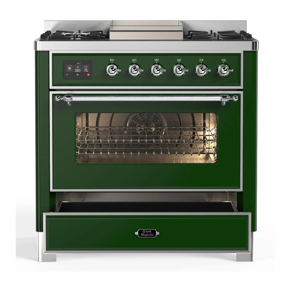Ilve UM36FNR3EGCLP Ilve Um36Fnr3Egclp Majestic Iii 36 Inch Dual Fuel Range With 6 Black Brass Burners And Griddle, Dual Function Burner Up To 25,000 Btu (Triple Glass Door, Emerald Green, Chrome, Liquid Propane) - Image 3