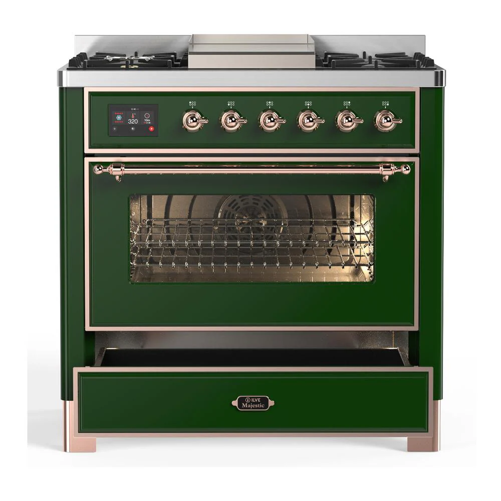Ilve UM36FNR3EGP Ilve Um36Fnr3Egp Majestic Iii 36 Inch Dual Fuel Range With 6 Black Brass Burners And Griddle, Dual Function Burner Up To 25,000 Btu (Triple Glass Door, Emerald Green, Copper, Natural Gas) - Image 3