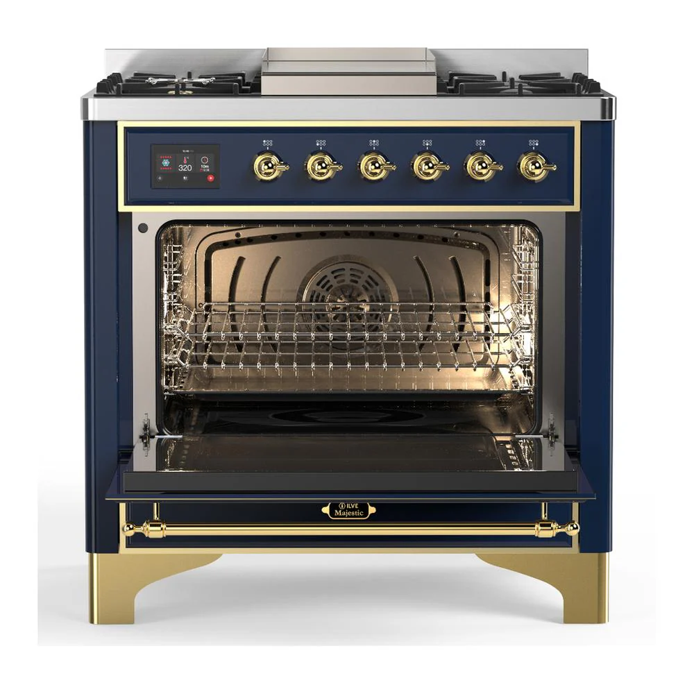 Ilve UM36FNR3MBG Ilve Um36Fnr3Mbg Majestic Iii 36 Inch Dual Fuel Range With 6 Black Brass Burners And Griddle, Dual Function Burner Up To 25,000 Btu (Triple Glass Door, Midnight Blue, Brass, Natural Gas) - Image 2