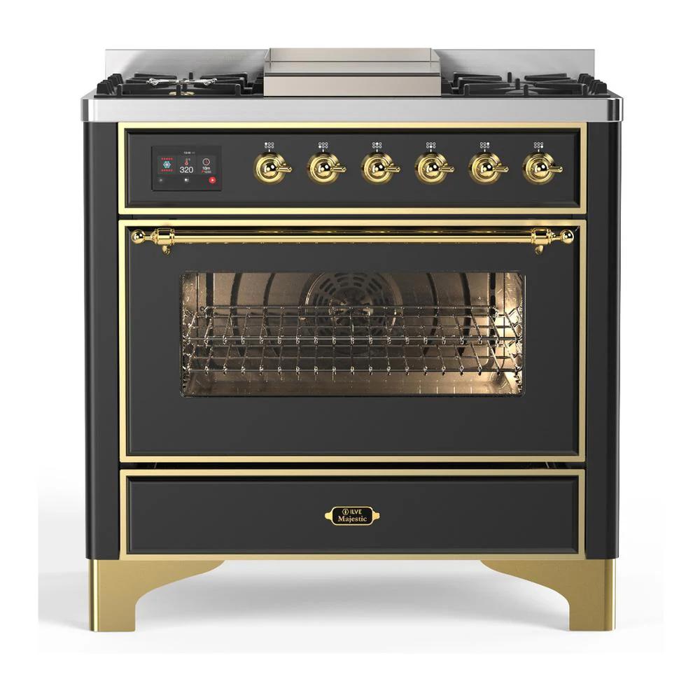 Ilve UM36FNR3MGGLP Ilve Um36Fnr3Mgglp Majestic Iii 36 Inch Dual Fuel Range With 6 Black Brass Burners And Griddle, Dual Function Burner Up To 25,000 Btu (Triple Glass Door, Graphite Matte, Brass, Liquid Propane)