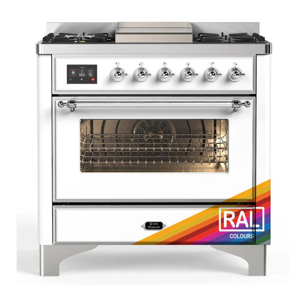 Ilve UM36FNR3RACLP Ilve Um36Fnr3Raclp Majestic Iii 36 Inch Dual Fuel Range With 6 Black Brass Burners And Griddle, Dual Function Burner Up To 25,000 Btu (Triple Glass Door, Ral, Chrome, Liquid Propane)