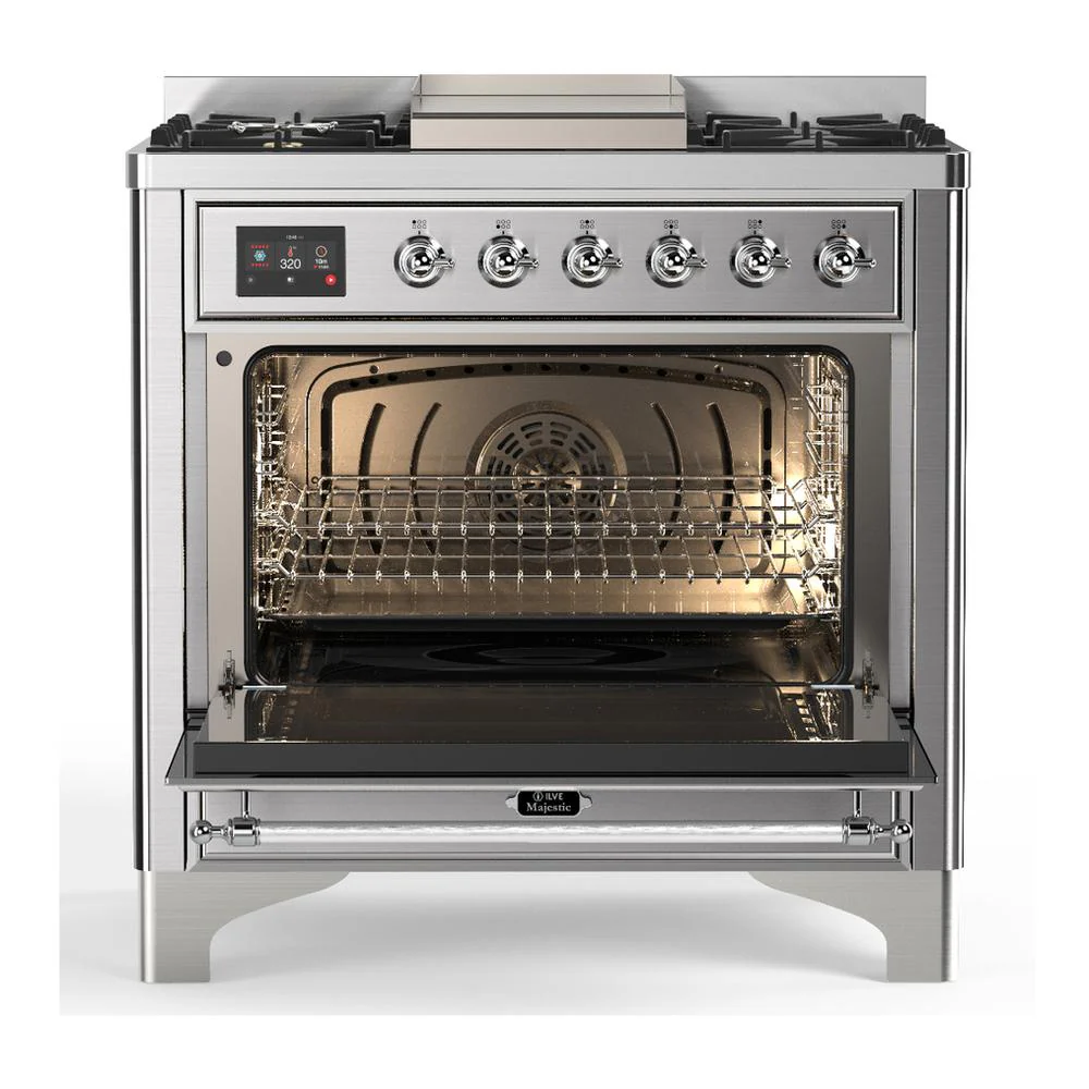 Ilve UM36FNR3SSCLP Ilve Um36Fnr3Ssclp Majestic Iii 36 Inch Dual Fuel Range With 6 Black Brass Burners And Griddle, Dual Function Burner Up To 25,000 Btu (Triple Glass Door, Stainless Steel, Chrome, Liquid Propane) - Image 2