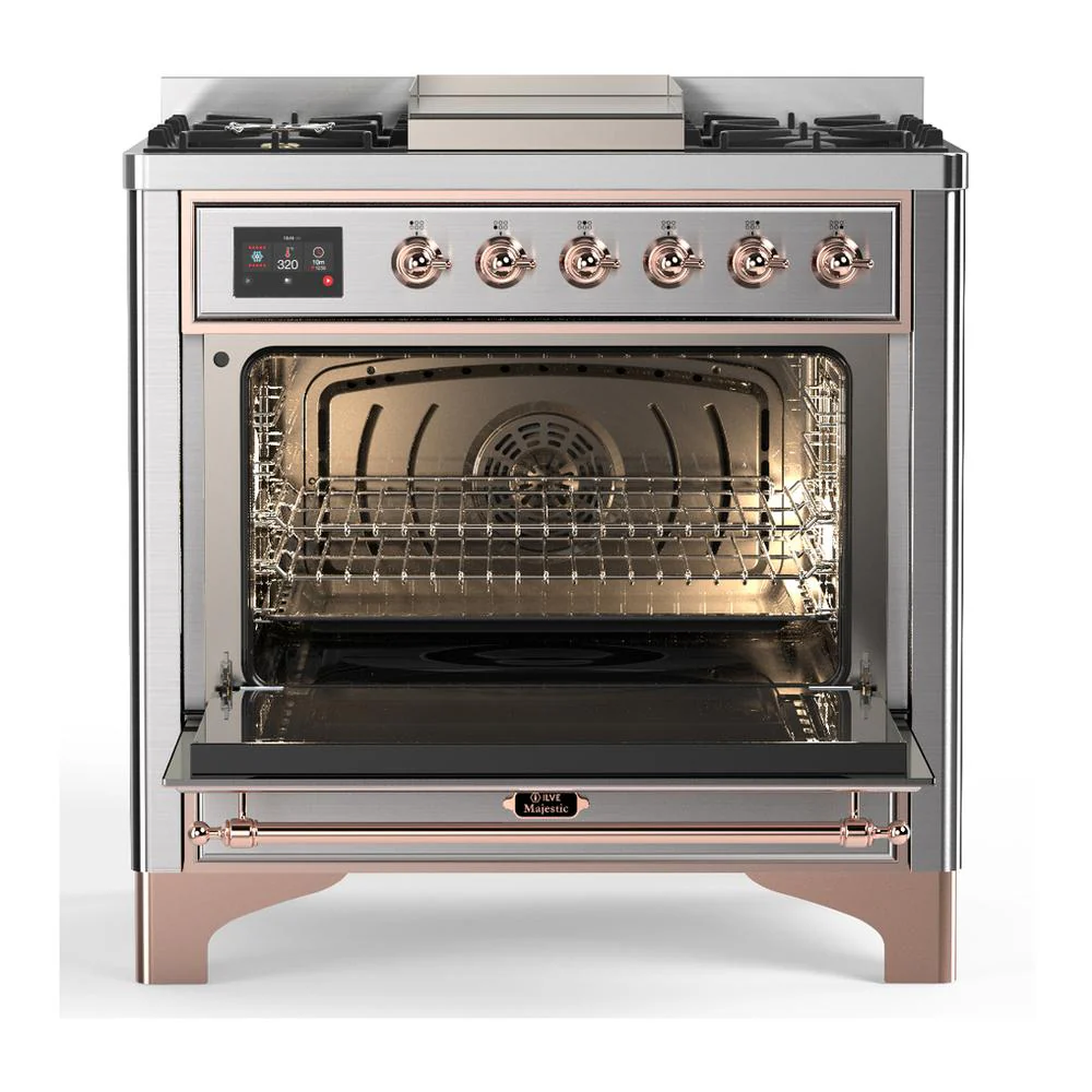 Ilve UM36FNR3SSP Ilve Um36Fnr3Ssp Majestic Iii 36 Inch Dual Fuel Range With 6 Black Brass Burners And Griddle, Dual Function Burner Up To 25,000 Btu (Triple Glass Door, Stainless Steel, Copper, Natural Gas) - Image 2