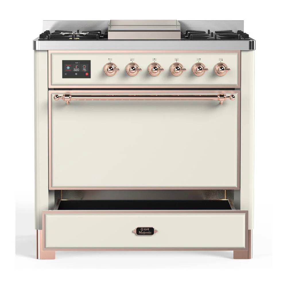 Ilve UM36FQNR3AWP Ilve Um36Fqnr3Awp Majestic Iii 36 Inch Dual Fuel Range With 6 Black Brass Burners And Griddle, Dual Function Burner Up To 25,000 Btu (Solid Door, Antique White, Copper, Natural Gas) - Image 3
