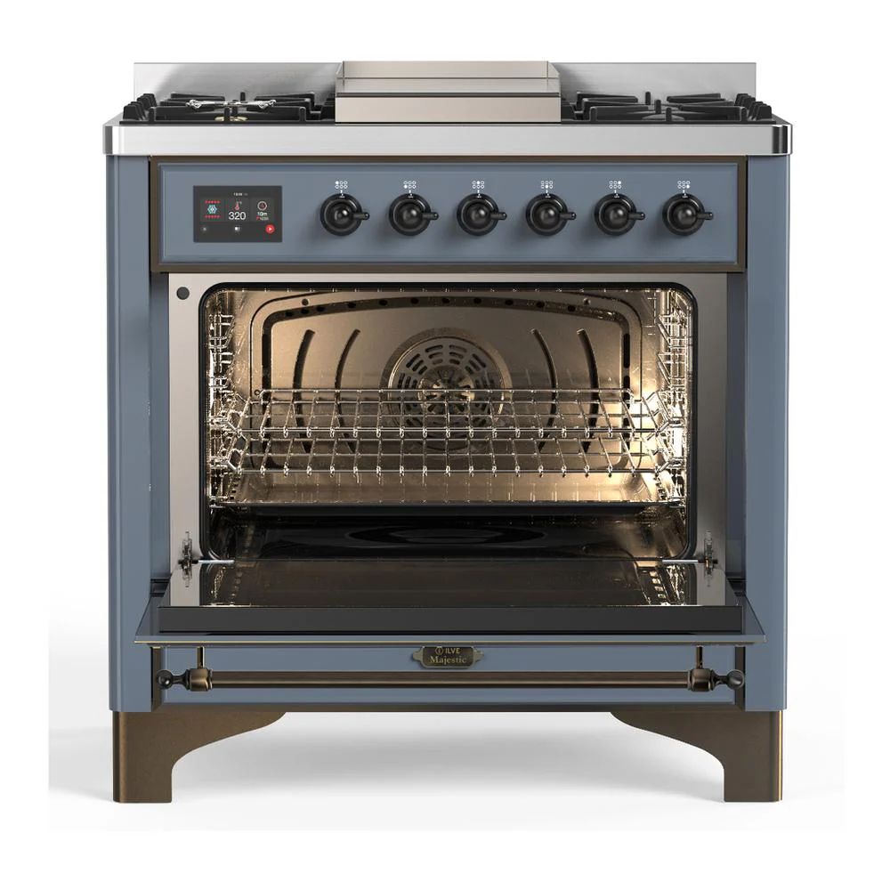 Ilve UM36FQNR3BGB Ilve Um36Fqnr3Bgb Majestic Iii 36 Inch Dual Fuel Range With 6 Black Brass Burners And Griddle, Dual Function Burner Up To 25,000 Btu (Solid Door, Blue Grey, Burnished, Natural Gas) - Image 2