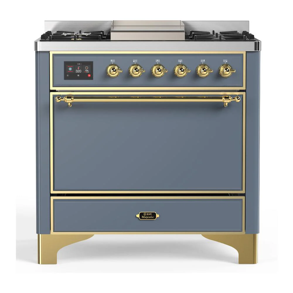 Ilve UM36FQNR3BGGLP Ilve Um36Fqnr3Bgglp Majestic Iii 36 Inch Dual Fuel Range With 6 Black Brass Burners And Griddle, Dual Function Burner Up To 25,000 Btu (Solid Door, Blue Grey, Brass, Liquid Propane)