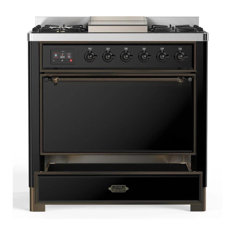 Ilve UM36FQNR3BKB Ilve Um36Fqnr3Bkb Majestic Iii 36 Inch Dual Fuel Range With 6 Black Brass Burners And Griddle, Dual Function Burner Up To 25,000 Btu (Solid Door, Glossy Black, Burnished, Natural Gas) - Image 3