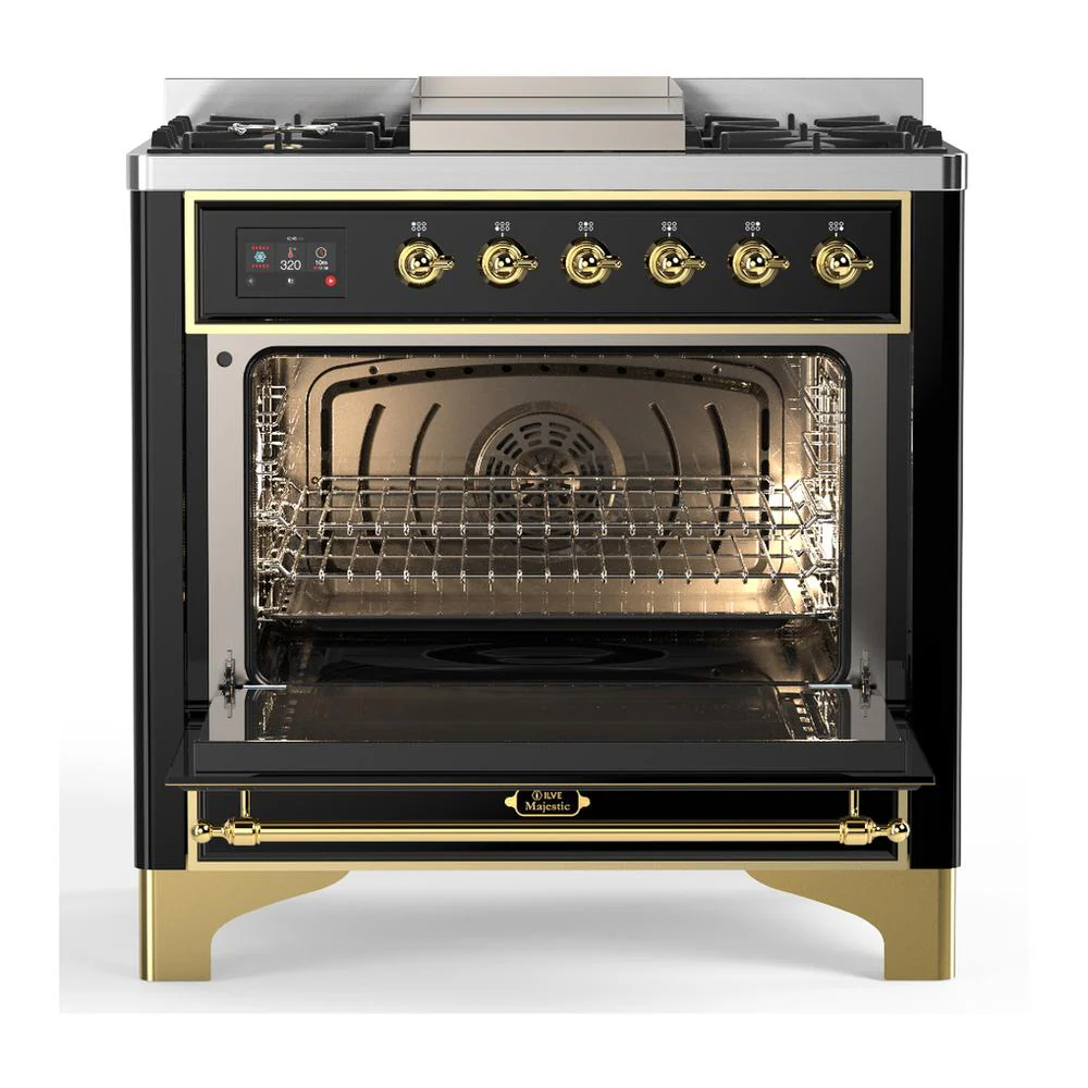 Ilve UM36FQNR3BKGLP Ilve Um36Fqnr3Bkglp Majestic Iii 36 Inch Dual Fuel Range With 6 Black Brass Burners And Griddle, Dual Function Burner Up To 25,000 Btu (Solid Door, Glossy Black, Brass, Liquid Propane) - Image 2
