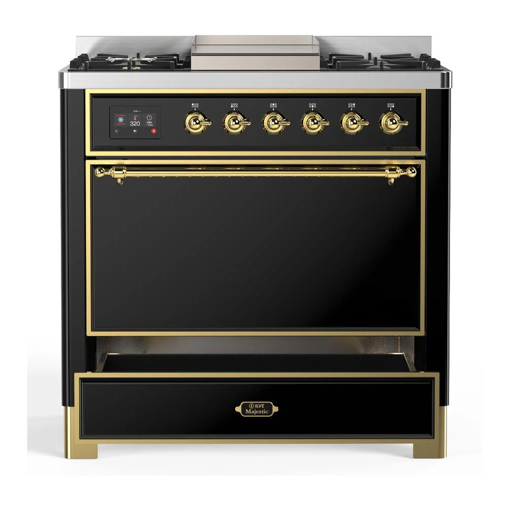 Ilve UM36FQNR3BKGLP Ilve Um36Fqnr3Bkglp Majestic Iii 36 Inch Dual Fuel Range With 6 Black Brass Burners And Griddle, Dual Function Burner Up To 25,000 Btu (Solid Door, Glossy Black, Brass, Liquid Propane) - Image 3