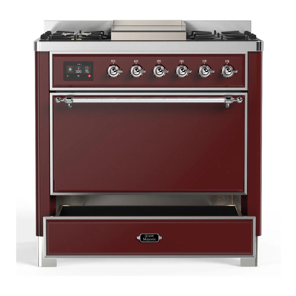 Ilve UM36FQNR3BUCLP Ilve Um36Fqnr3Buclp Majestic Iii 36 Inch Dual Fuel Range With 6 Black Brass Burners And Griddle, Dual Function Burner Up To 25,000 Btu (Solid Door, Burgundy, Chrome, Liquid Propane) - Image 3