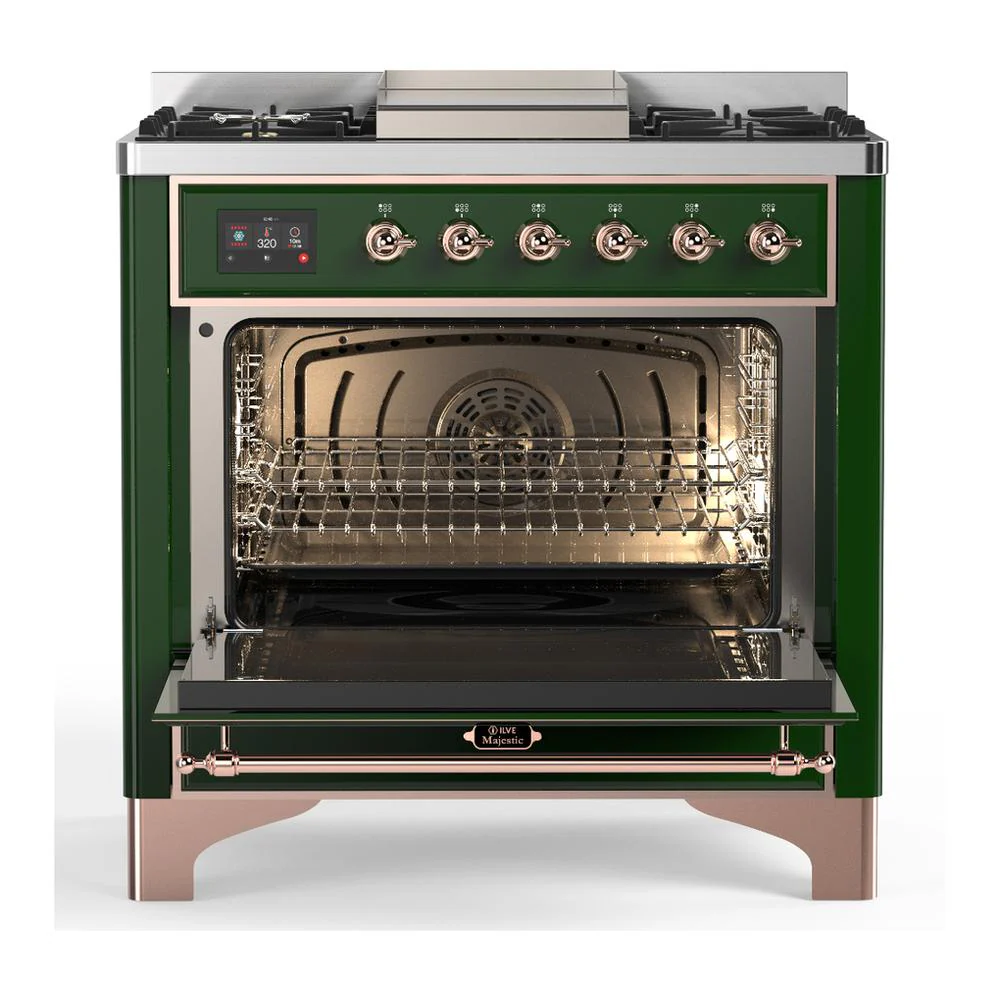 Ilve UM36FQNR3EGP Ilve Um36Fqnr3Egp Majestic Iii 36 Inch Dual Fuel Range With 6 Black Brass Burners And Griddle, Dual Function Burner Up To 25,000 Btu (Solid Door, Emerald Green, Copper, Natural Gas) - Image 2
