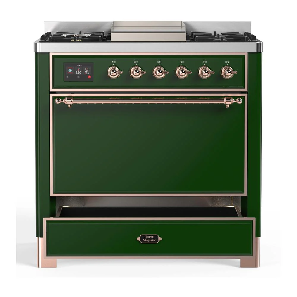 Ilve UM36FQNR3EGPLP Ilve Um36Fqnr3Egplp Majestic Iii 36 Inch Dual Fuel Range With 6 Black Brass Burners And Griddle, Dual Function Burner Up To 25,000 Btu (Solid Door, Emerald Green, Copper, Liquid Propane) - Image 3