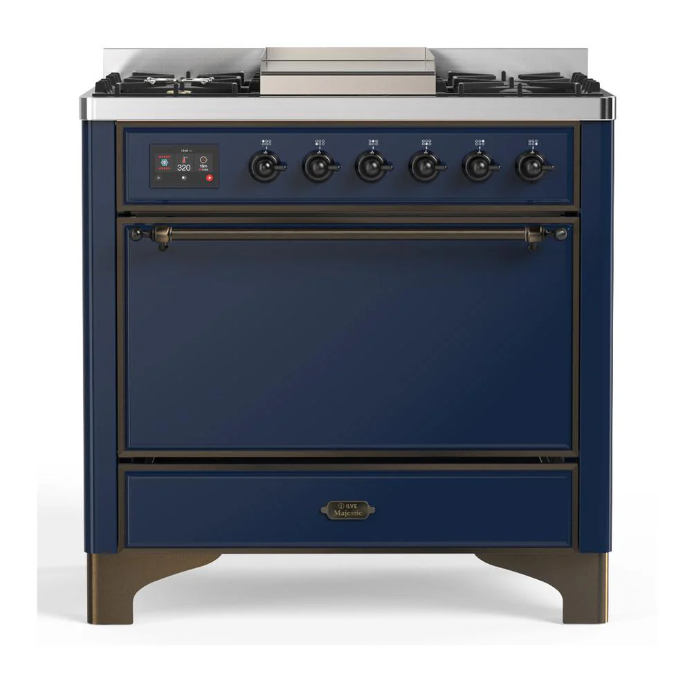 Ilve UM36FQNR3MBB Ilve Um36Fqnr3Mbb Majestic Iii 36 Inch Dual Fuel Range With 6 Black Brass Burners And Griddle, Dual Function Burner Up To 25,000 Btu (Solid Door, Midnight Blue, Burnished, Natural Gas)