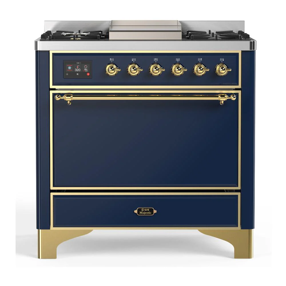 Ilve UM36FQNR3MBGLP Ilve Um36Fqnr3Mbglp Majestic Iii 36 Inch Dual Fuel Range With 6 Black Brass Burners And Griddle, Dual Function Burner Up To 25,000 Btu (Solid Door, Midnight Blue, Brass, Liquid Propane)