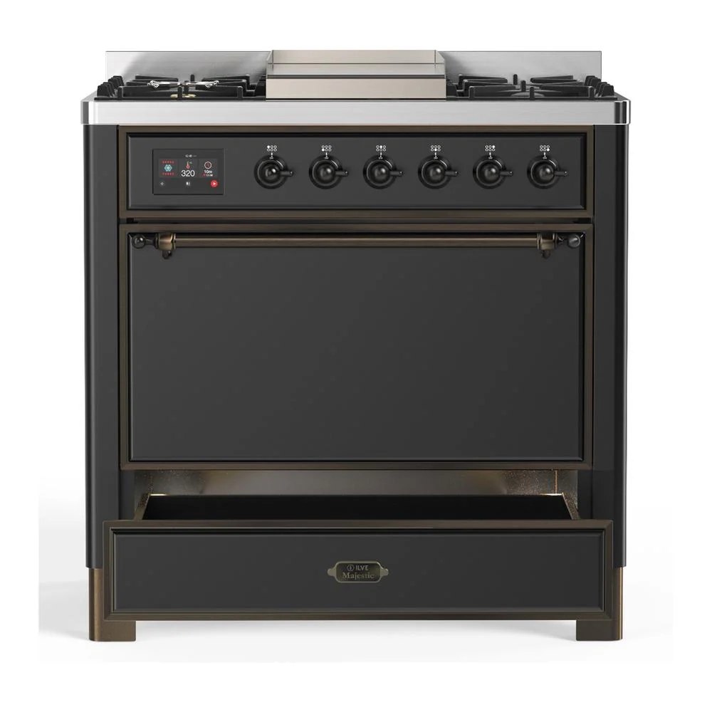 Ilve UM36FQNR3MGBLP Ilve Um36Fqnr3Mgblp Majestic Iii 36 Inch Dual Fuel Range With 6 Black Brass Burners And Griddle, Dual Function Burner Up To 25,000 Btu (Solid Door, Graphite Matte, Burnished, Liquid Propane) - Image 3