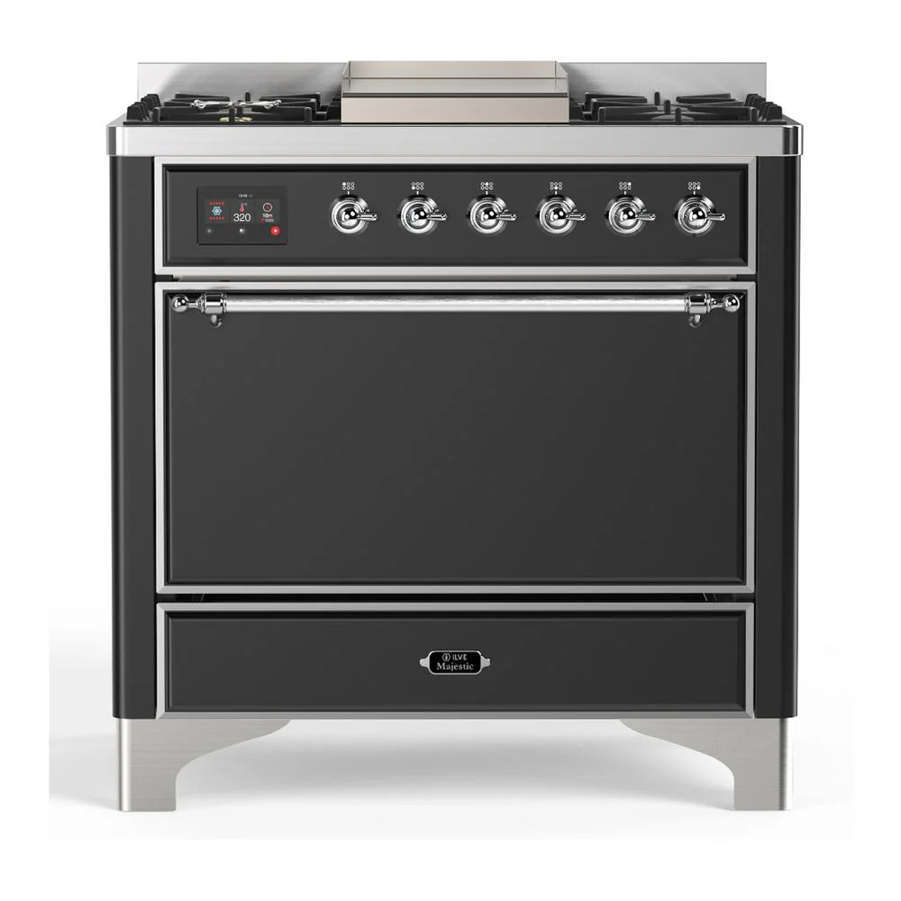 Ilve UM36FQNR3MGC Ilve Um36Fqnr3Mgc Majestic Iii 36 Inch Dual Fuel Range With 6 Black Brass Burners And Griddle, Dual Function Burner Up To 25,000 Btu (Solid Door, Graphite Matte, Chrome, Natural Gas)