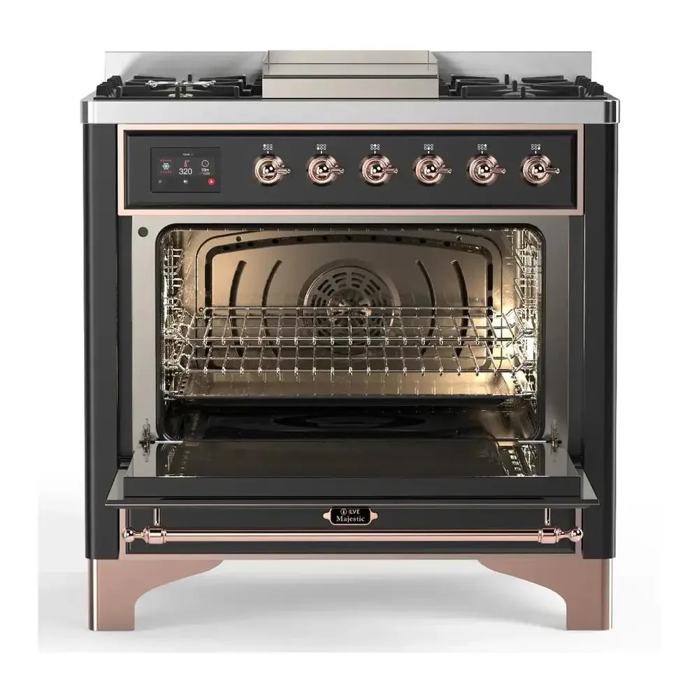 Ilve UM36FQNR3MGPLP Ilve Um36Fqnr3Mgplp Majestic Iii 36 Inch Dual Fuel Range With 6 Black Brass Burners And Griddle, Dual Function Burner Up To 25,000 Btu (Solid Door, Graphite Matte, Copper, Liquid Propane) - Image 2