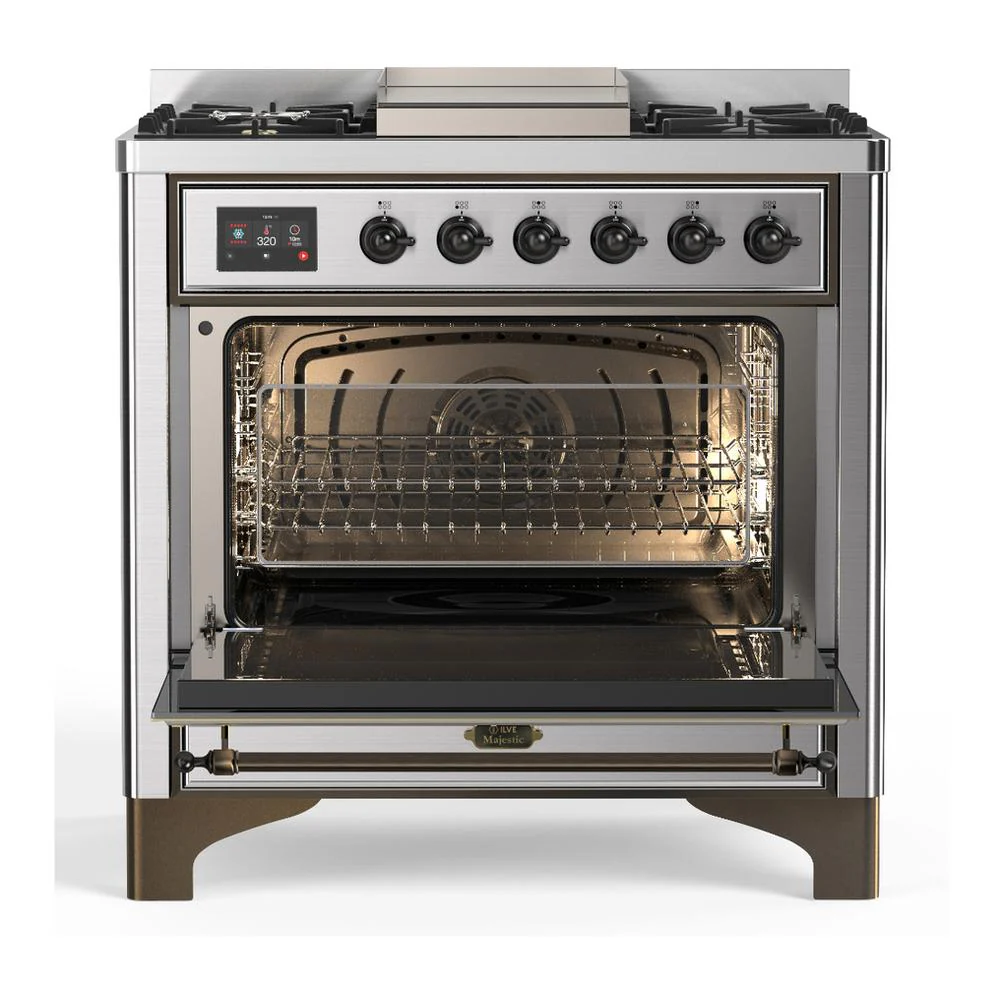 Ilve UM36FQNR3SSB Ilve Um36Fqnr3Ssb Majestic Iii 36 Inch Dual Fuel Range With 6 Black Brass Burners And Griddle, Dual Function Burner Up To 25,000 Btu (Solid Door, Stainless Steel, Burnished, Natural Gas) - Image 2