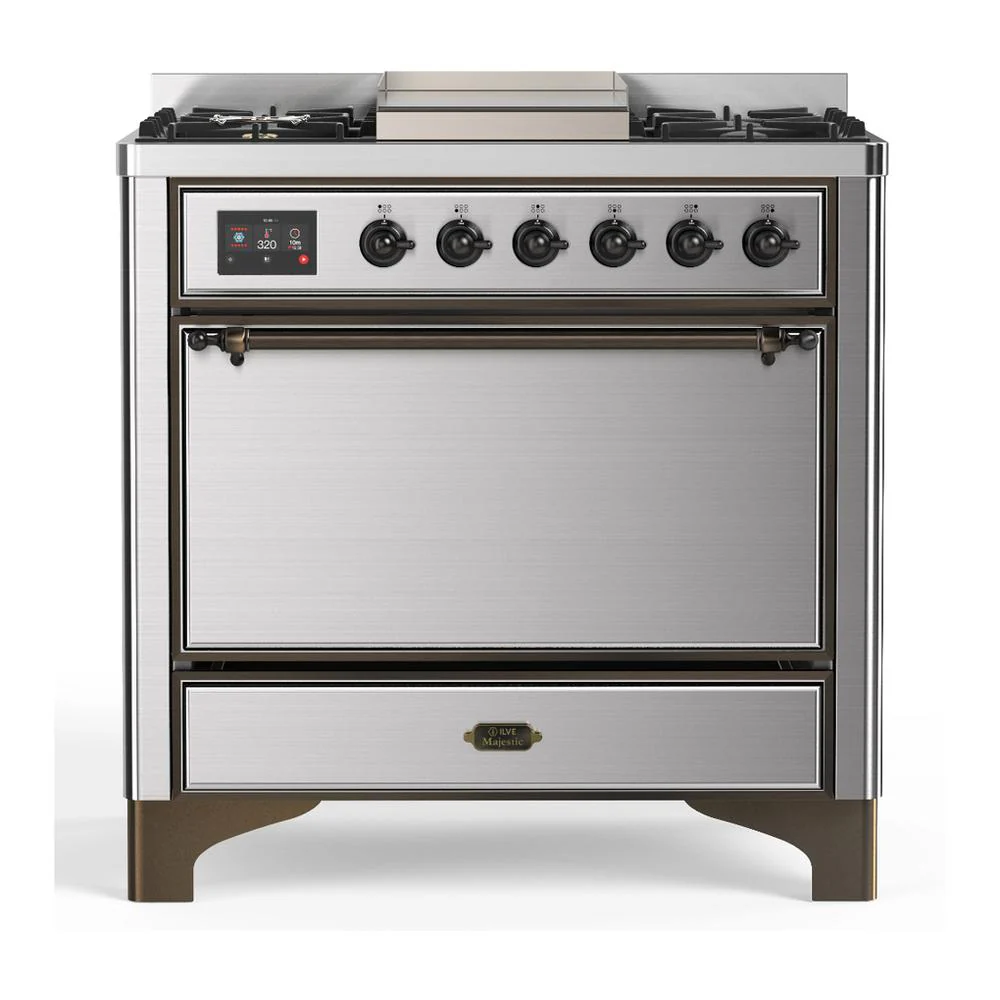 Ilve UM36FQNR3SSBLP Ilve Um36Fqnr3Ssblp Majestic Iii 36 Inch Dual Fuel Range With 6 Black Brass Burners And Griddle, Dual Function Burner Up To 25,000 Btu (Solid Door, Stainless Steel, Burnished, Liquid Propane)