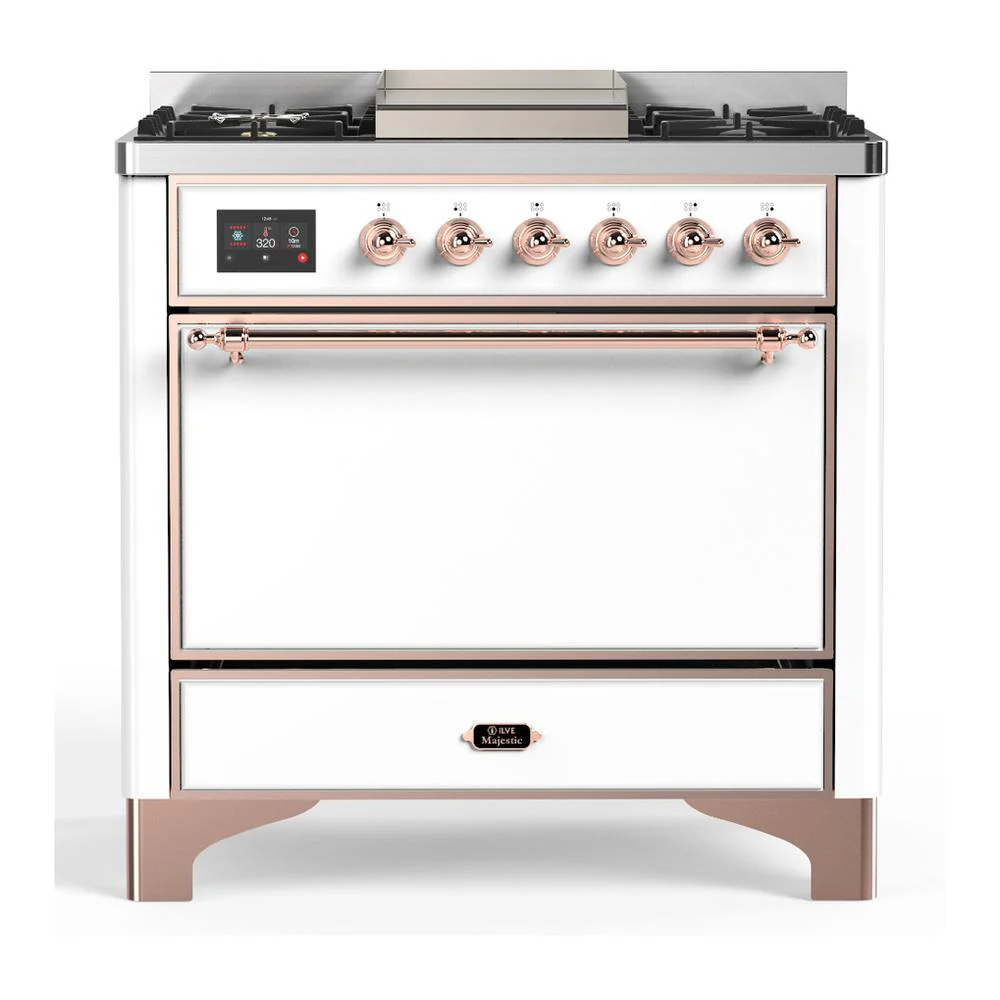 Ilve UM36FQNR3WHP Ilve Um36Fqnr3Whp Majestic Iii 36 Inch Dual Fuel Range With 6 Black Brass Burners And Griddle, Dual Function Burner Up To 25,000 Btu (Solid Door, White, Copper, Natural Gas)