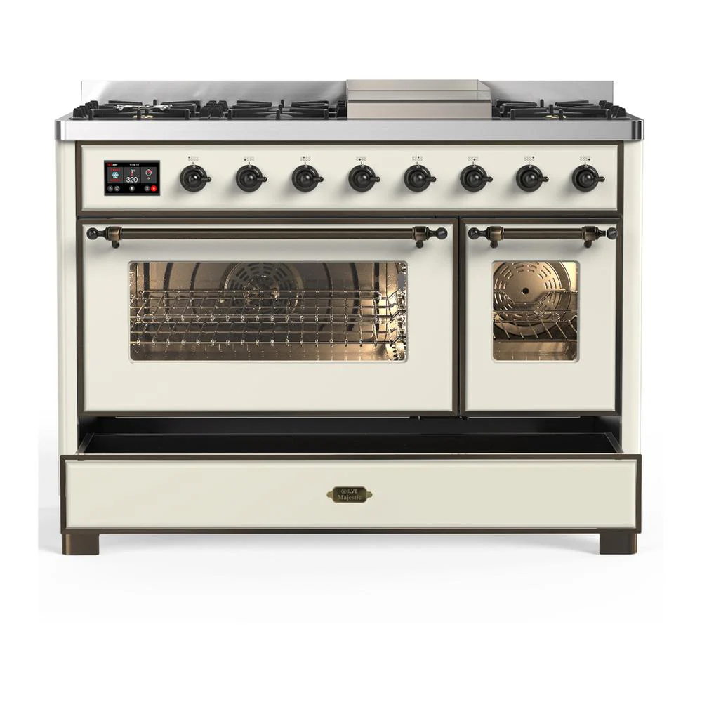 Ilve UM48FNR3AWBLP Ilve Um48Fnr3Awblp Majestic Iii 48 Inch Dual Fuel Range With 8 Burners And Griddle, Dual Function Burner Up To 25,000 Btu (Liquid Propane, Triple Glass Door, Antique White, Burnished) - Image 5