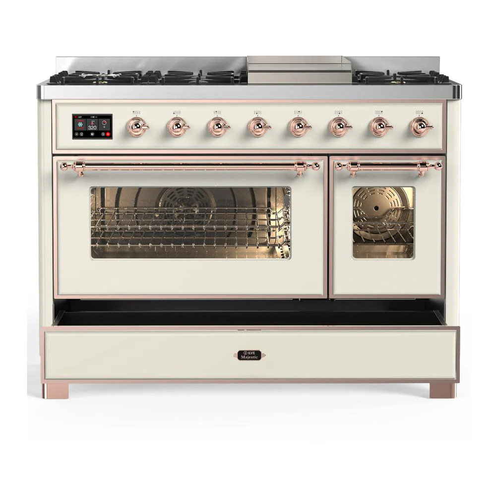 Ilve UM48FNR3AWPLP Ilve Um48Fnr3Awplp Majestic Iii 48 Inch Dual Fuel Range With 8 Burners And Griddle, Dual Function Burner Up To 25,000 Btu (Liquid Propane, Triple Glass Door, Antique White, Copper) - Image 5