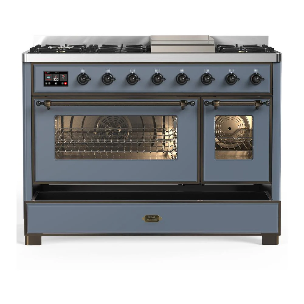 Ilve UM48FNR3BGBLP Ilve Um48Fnr3Bgblp Majestic Iii 48 Inch Dual Fuel Range With 8 Burners And Griddle, Dual Function Burner Up To 25,000 Btu (Liquid Propane, Triple Glass Door, Blue Grey, Burnished) - Image 5