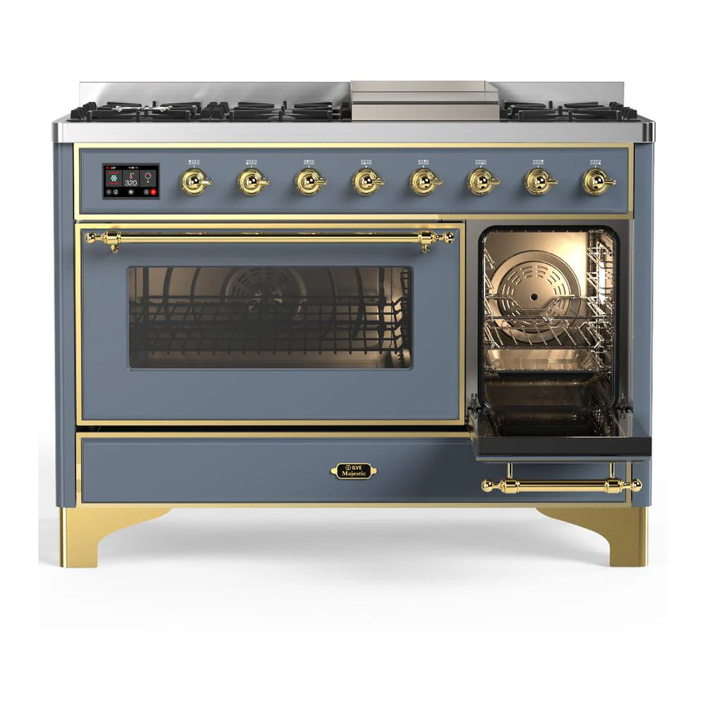 Ilve UM48FNR3BGGLP Ilve Um48Fnr3Bgglp Majestic Iii 48 Inch Dual Fuel Range With 8 Burners And Griddle, Dual Function Burner Up To 25,000 Btu (Liquid Propane, Triple Glass Door, Blue Grey, Brass) - Image 4
