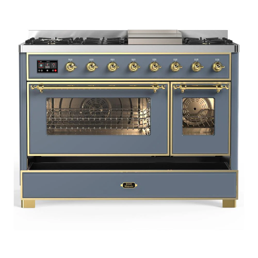 Ilve UM48FNR3BGGLP Ilve Um48Fnr3Bgglp Majestic Iii 48 Inch Dual Fuel Range With 8 Burners And Griddle, Dual Function Burner Up To 25,000 Btu (Liquid Propane, Triple Glass Door, Blue Grey, Brass) - Image 5