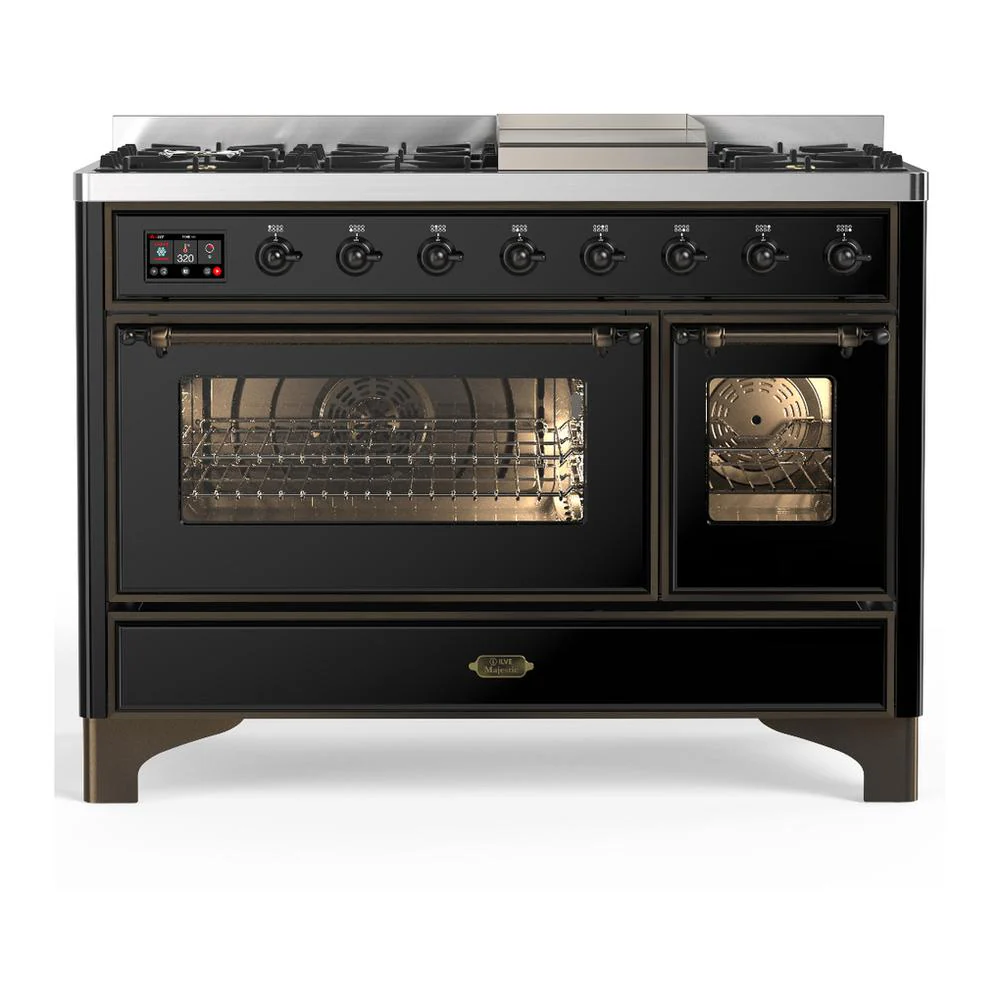Ilve UM48FNR3BKB Ilve Um48Fnr3Bkb Majestic Iii 48 Inch Dual Fuel Range With 8 Burners And Griddle, Dual Function Burner Up To 25,000 Btu (Natural Gas, Triple Glass Door, Glossy Black, Burnished)
