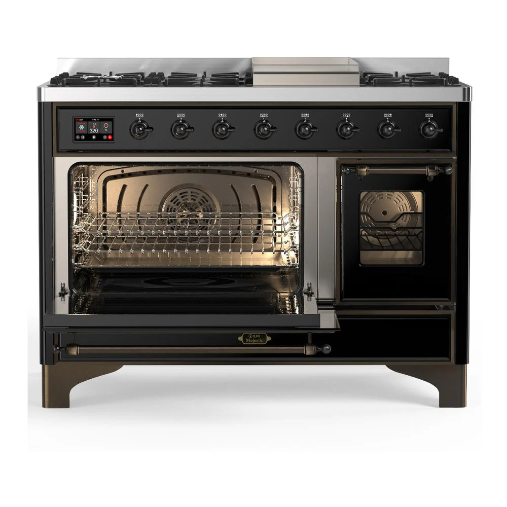 Ilve UM48FNR3BKBLP Ilve Um48Fnr3Bkblp Majestic Iii 48 Inch Dual Fuel Range With 8 Burners And Griddle, Dual Function Burner Up To 25,000 Btu (Liquid Propane, Triple Glass Door, Glossy Black, Burnished) - Image 3