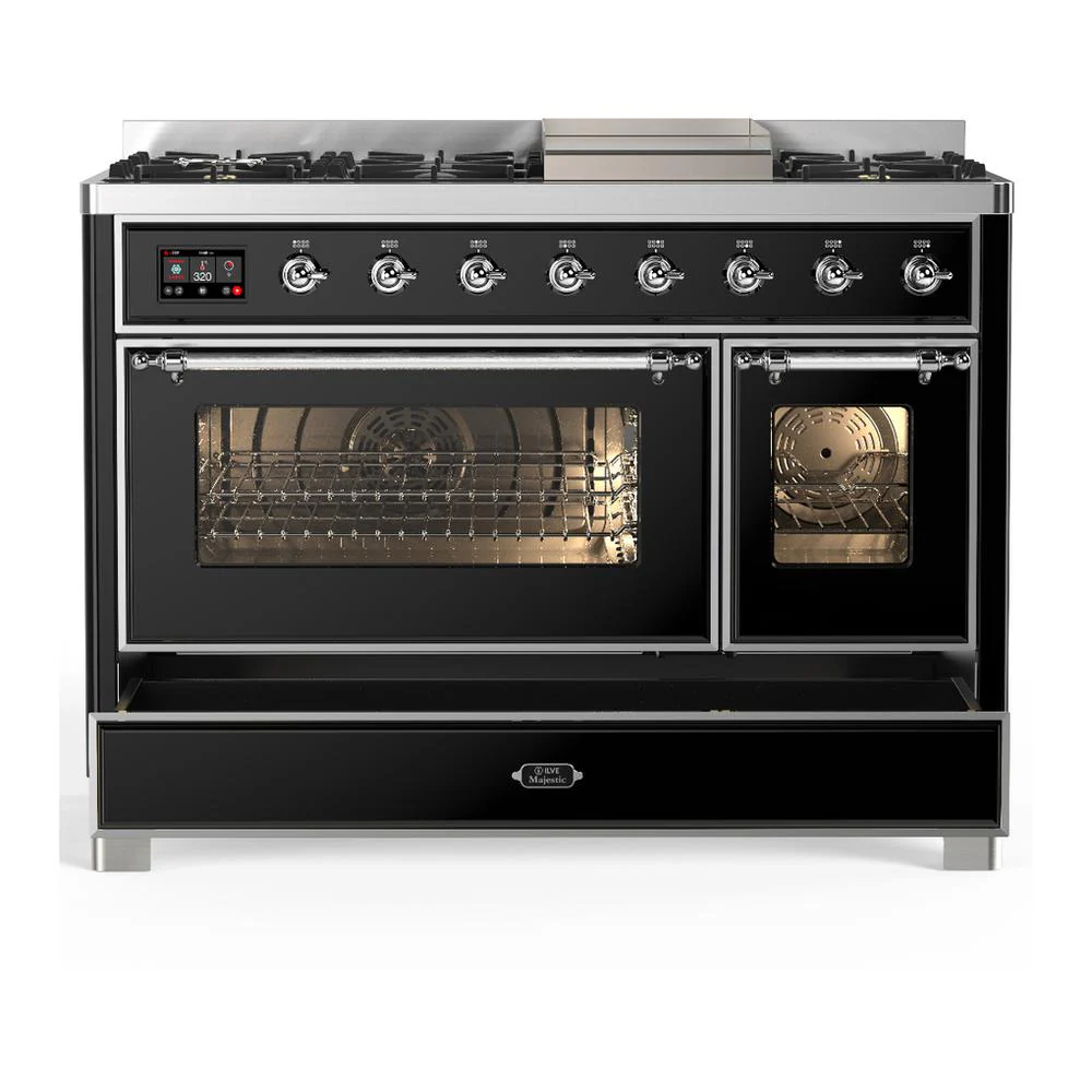 Ilve UM48FNR3BKC Ilve Um48Fnr3Bkc Majestic Iii 48 Inch Dual Fuel Range With 8 Burners And Griddle, Dual Function Burner Up To 25,000 Btu (Natural Gas, Triple Glass Door, Glossy Black, Chrome) - Image 5