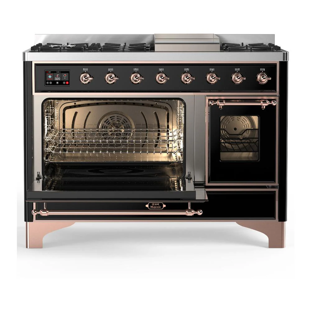 Ilve UM48FNR3BKP Ilve Um48Fnr3Bkp Majestic Iii 48 Inch Dual Fuel Range With 8 Burners And Griddle, Dual Function Burner Up To 25,000 Btu (Natural Gas, Triple Glass Door, Glossy Black, Copper) - Image 3