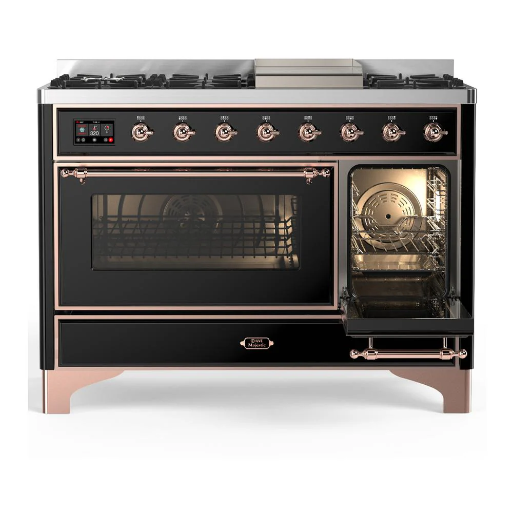Ilve UM48FNR3BKPLP Ilve Um48Fnr3Bkplp Majestic Iii 48 Inch Dual Fuel Range With 8 Burners And Griddle, Dual Function Burner Up To 25,000 Btu (Liquid Propane, Triple Glass Door, Glossy Black, Copper) - Image 4
