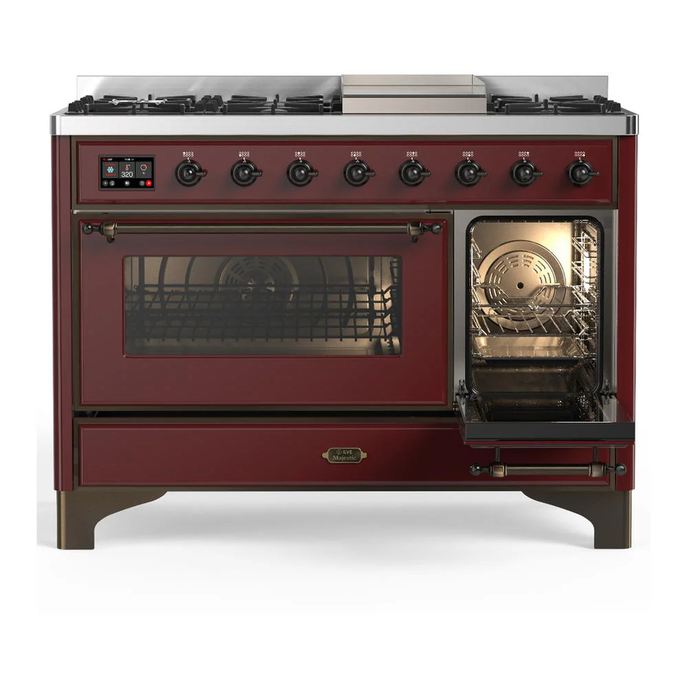 Ilve UM48FNR3BUB Ilve Um48Fnr3Bub Majestic Iii 48 Inch Dual Fuel Range With 8 Burners And Griddle, Dual Function Burner Up To 25,000 Btu (Natural Gas, Triple Glass Door, Burgundy, Burnished) - Image 4