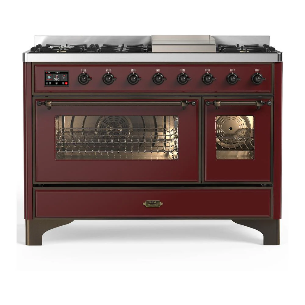 Ilve UM48FNR3BUBLP Ilve Um48Fnr3Bublp Majestic Iii 48 Inch Dual Fuel Range With 8 Burners And Griddle, Dual Function Burner Up To 25,000 Btu (Liquid Propane, Triple Glass Door, Burgundy, Burnished)