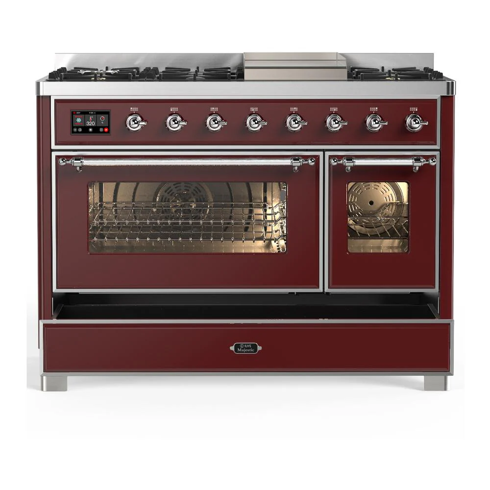 Ilve UM48FNR3BUC Ilve Um48Fnr3Buc Majestic Iii 48 Inch Dual Fuel Range With 8 Burners And Griddle, Dual Function Burner Up To 25,000 Btu (Natural Gas, Triple Glass Door, Burgundy, Chrome) - Image 5