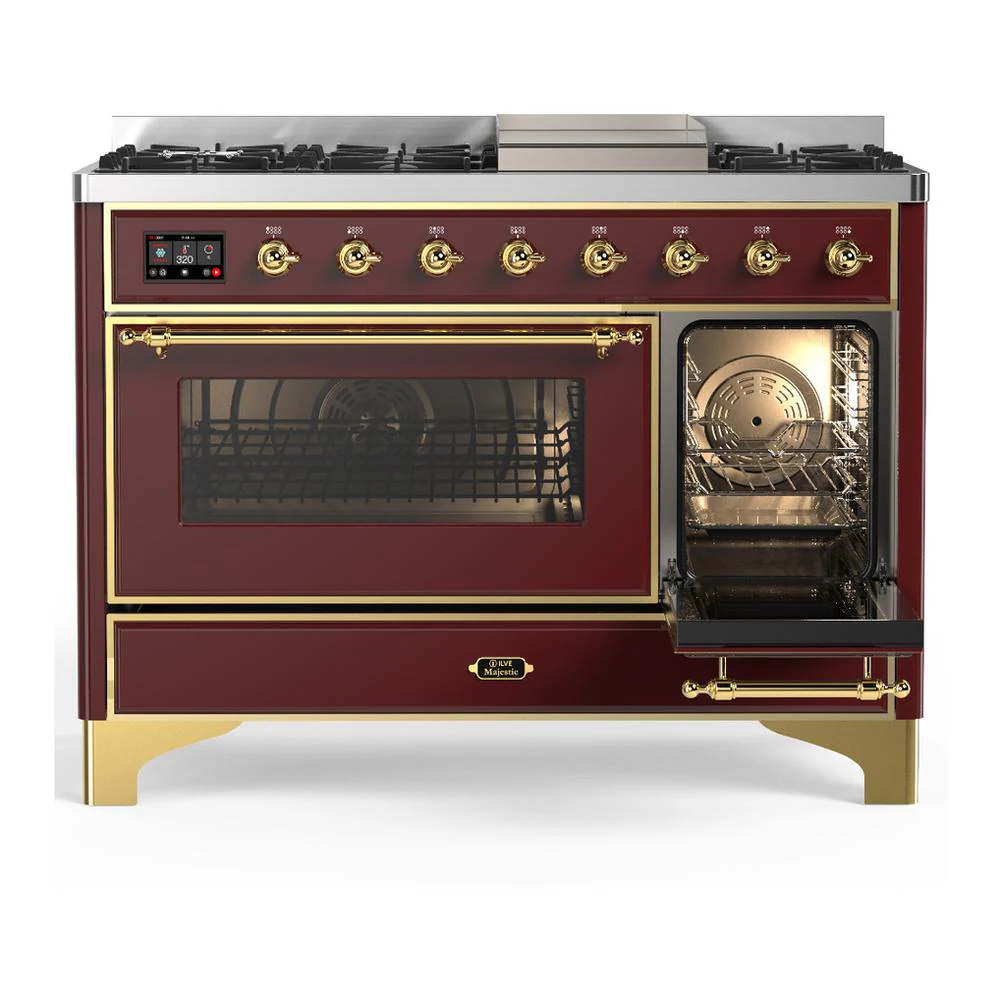 Ilve UM48FNR3BUGLP Ilve Um48Fnr3Buglp Majestic Iii 48 Inch Dual Fuel Range With 8 Burners And Griddle, Dual Function Burner Up To 25,000 Btu (Liquid Propane, Triple Glass Door, Burgundy, Brass) - Image 4