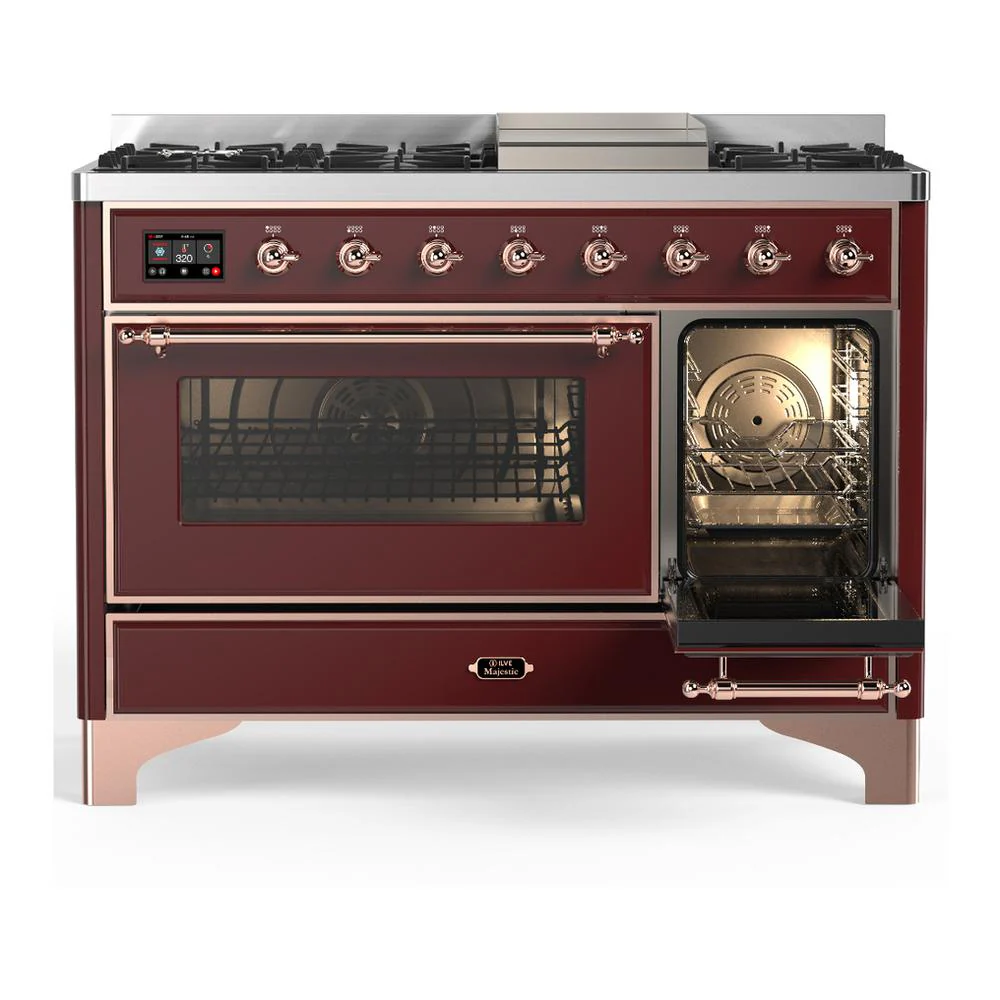 Ilve UM48FNR3BUPLP Ilve Um48Fnr3Buplp Majestic Iii 48 Inch Dual Fuel Range With 8 Burners And Griddle, Dual Function Burner Up To 25,000 Btu (Liquid Propane, Triple Glass Door, Burgundy, Copper) - Image 4